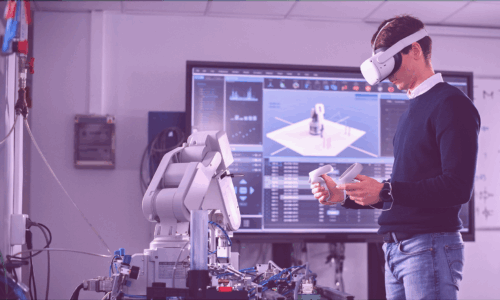 Ingenjör i labb med robot och vr glasögon